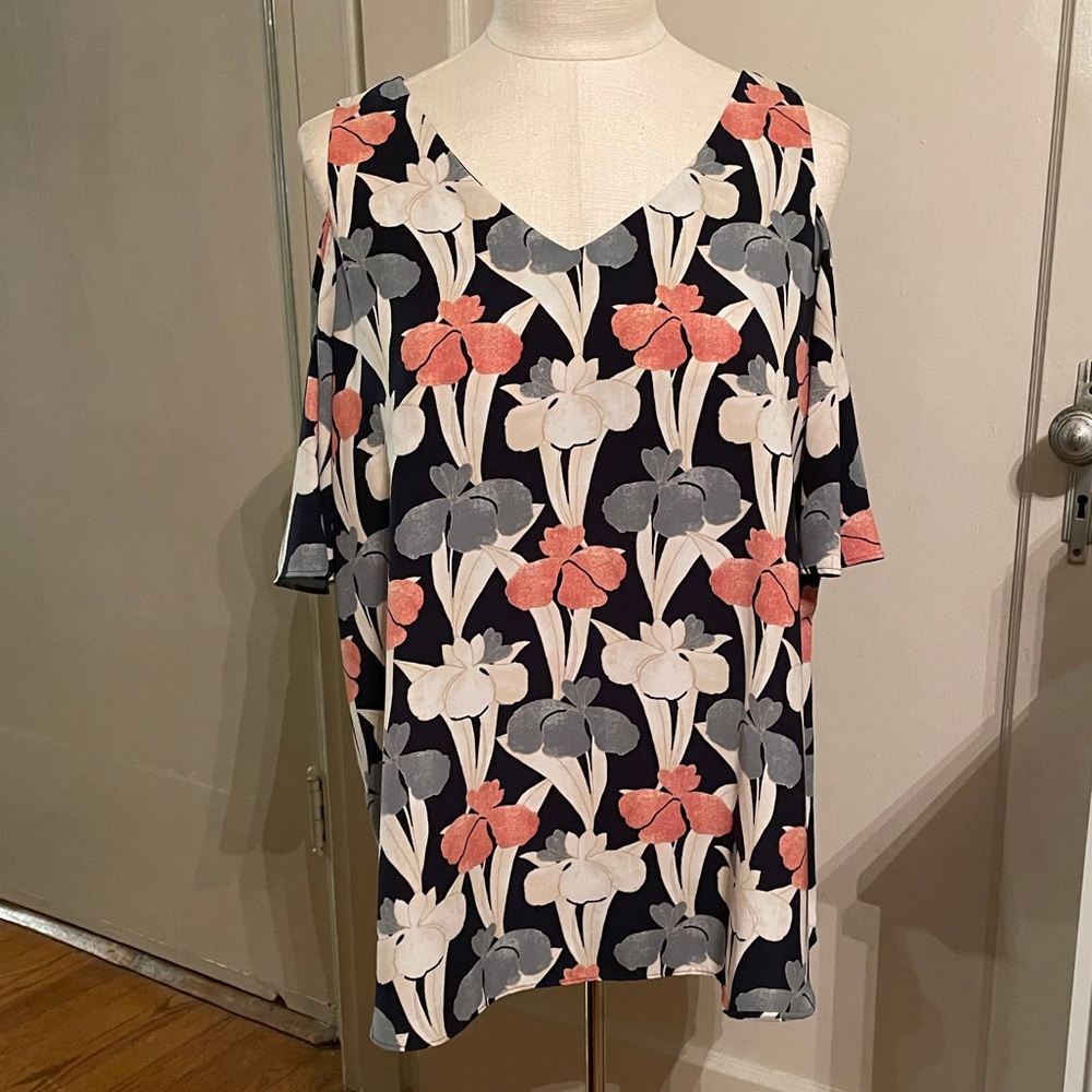 Ann Taylor.  Navy blue cold shoulder top.